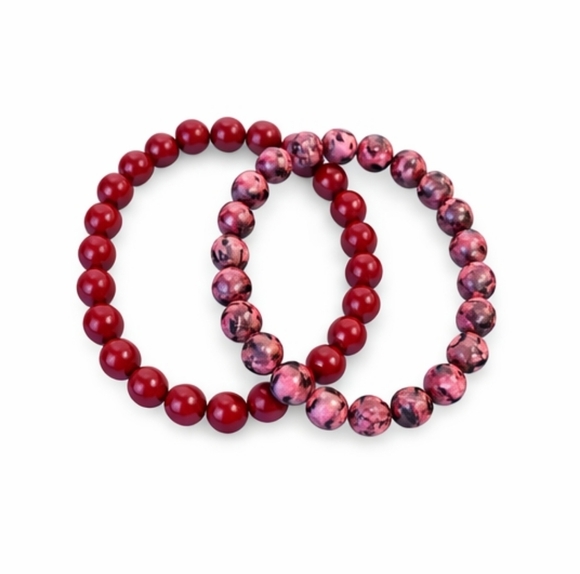 Jewelry - Natural Stone Bead Stretch Bracelet Set | Cinnabar Quartz & Pink Rhodonite